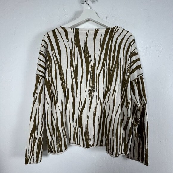 Garnet Hill Womens Silk Cotton Abstract Knit Sweater Large Olive White Pullover - Picture 2 of 9